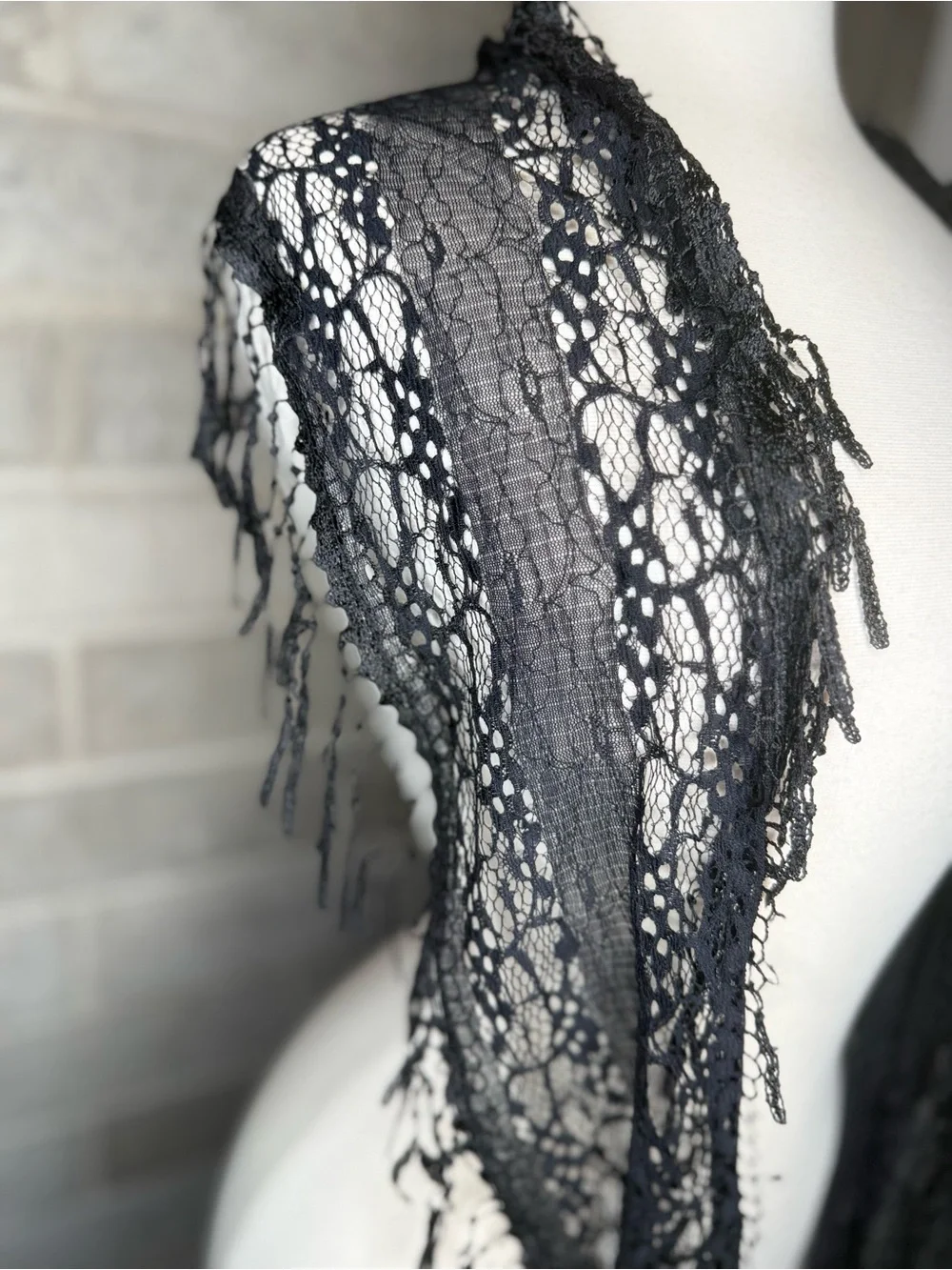 Black Lace Infinity Scarf Fringe Sheer Boho Gothic Festival Lightweight Wrap OS